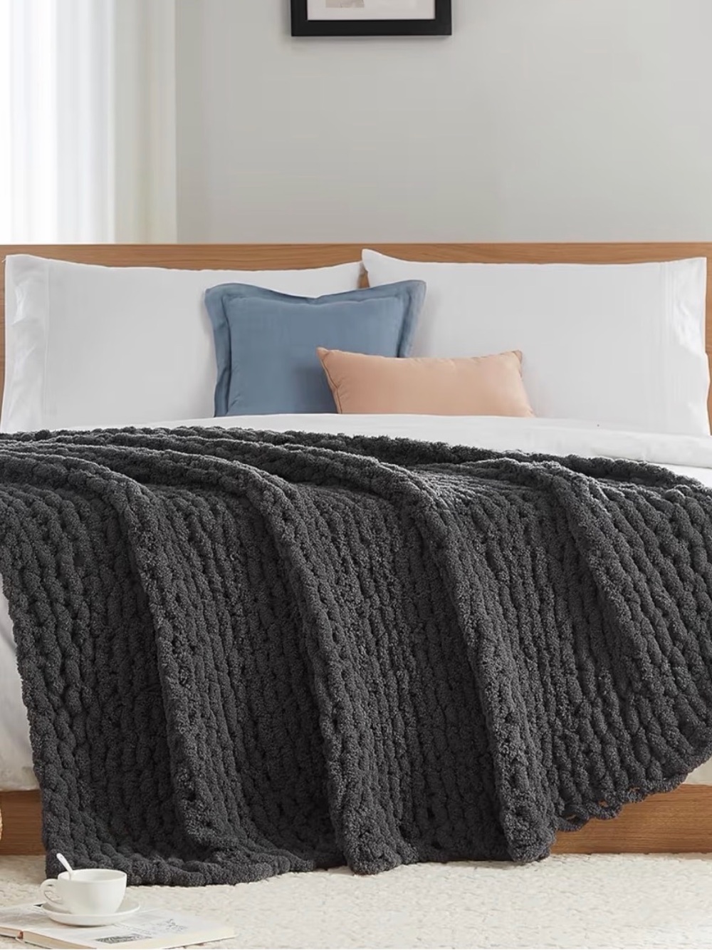 Hand-Knitted Chenille Cable Throw Blanket - Dark Gray chunky knit